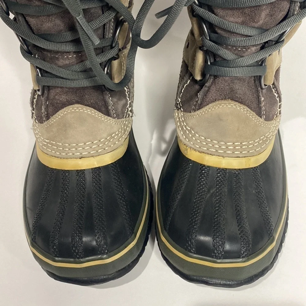 SOREL JOAN OF ARCTIC SNOW BOOTS FAUX FUR WATERPROOF BLACK & TAUPE WOMEN’S SZ 5